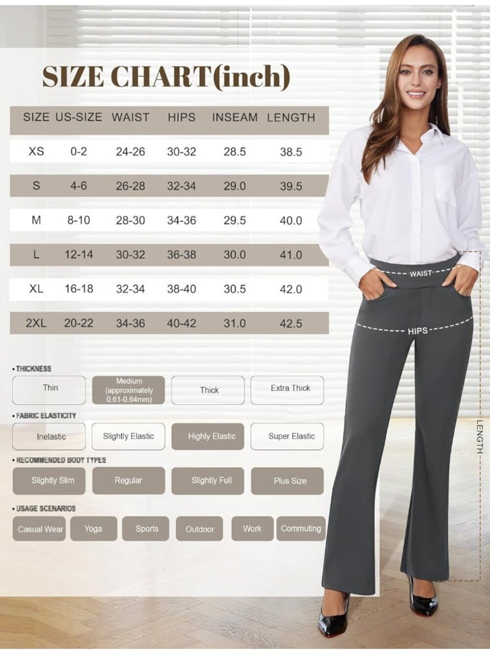 Women's Dark Grey Pull On Casual Slacks Imported Stretchy Dress Pants - Picture 6 of 6